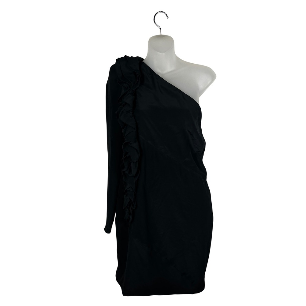 Robert Rodriguez One Shoulder Dress Womens 4 Black Solid Silk Ruffle Mini Zipper